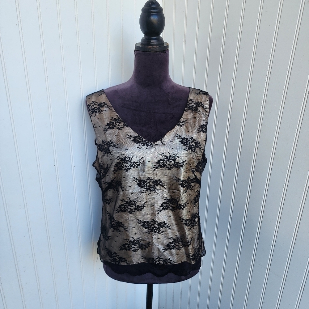 Studio I Women's Black TAN Lace Nylon Overlay Sleveless Top Shirt Sz 10